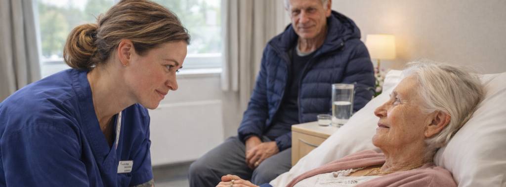 Helsefagarbeider holder sengeliggende pasient i hånden