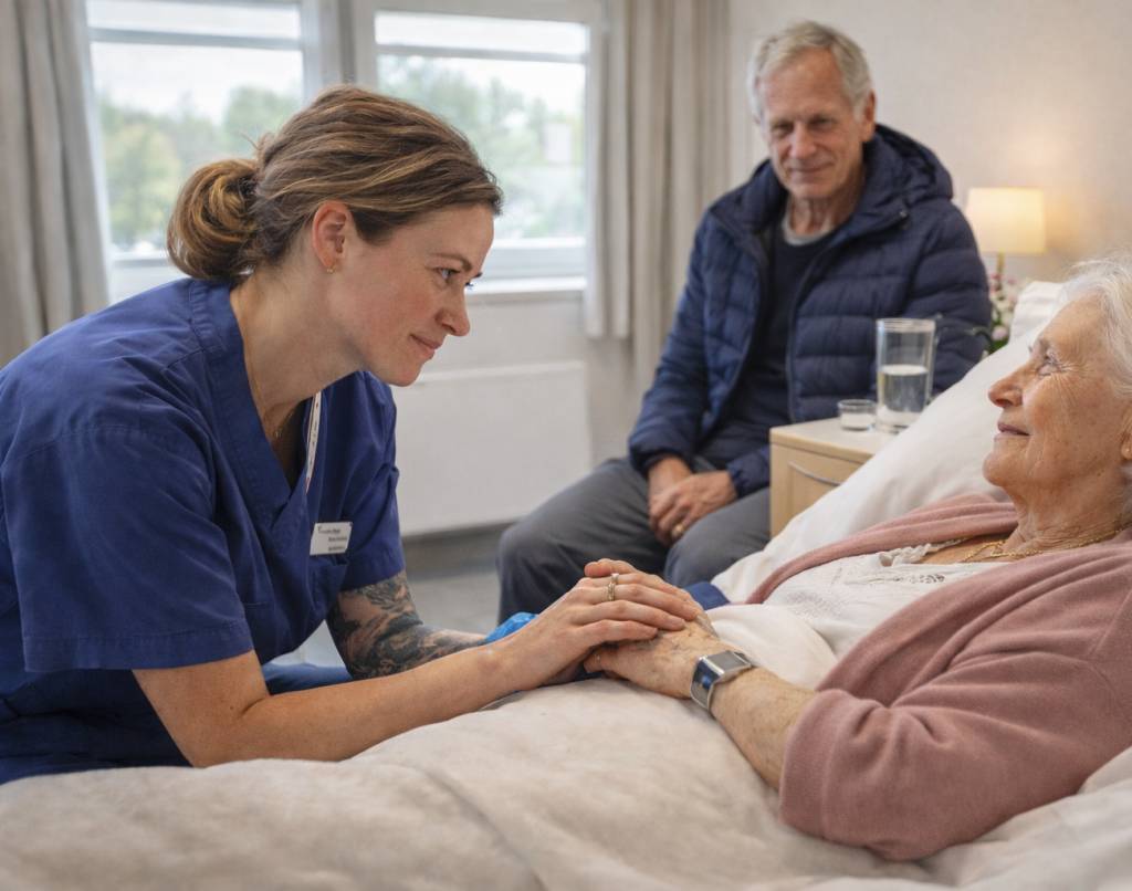 Helsefagarbeider holder sengeliggende pasient i hånden